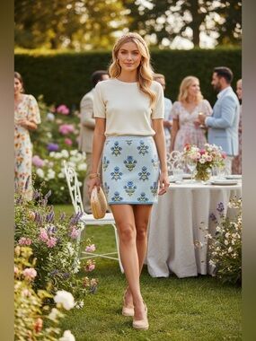 Mainstrip| Blue Floral Jacquard Sweater Skirt| NWT